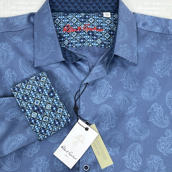 Robert Graham Paisley Floral Shirt Mens 2XL Blue Egyptian Cotton Flip Cuff NWT